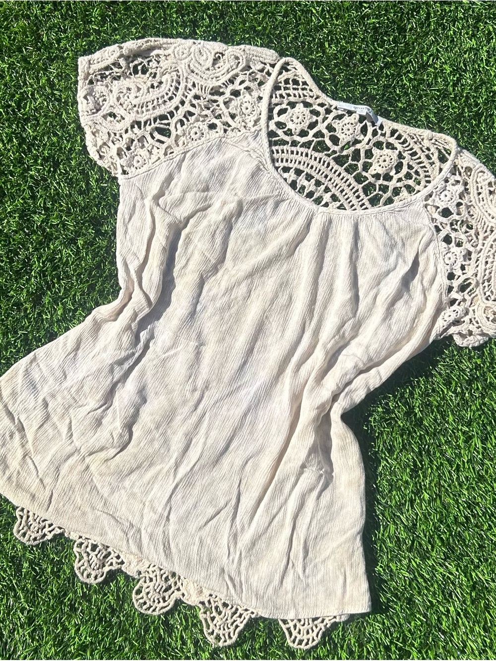 Miss Me Cream Crochet Sleeve & Hem Boho Peasant Top